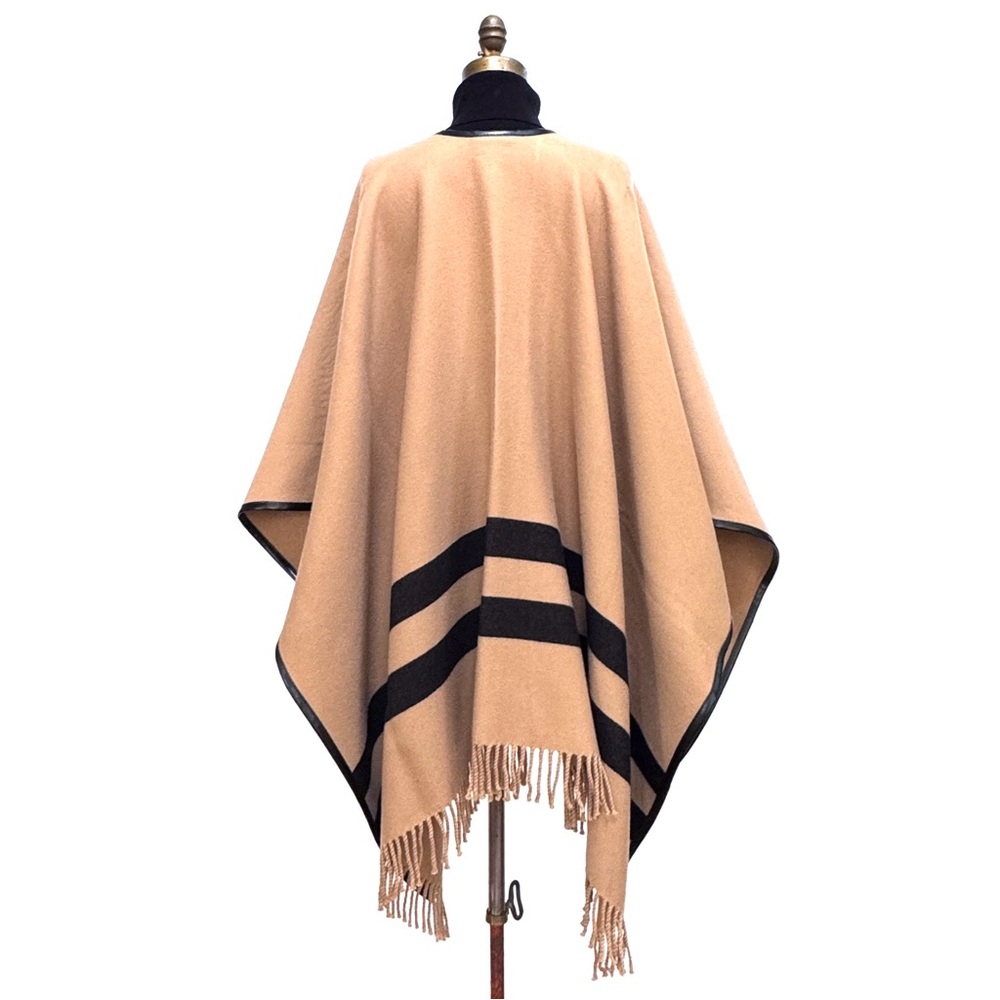 Moncler Beige Virgin Wool Logo Cape With Black Leather Trim And Fringe - Picture 13 of 15